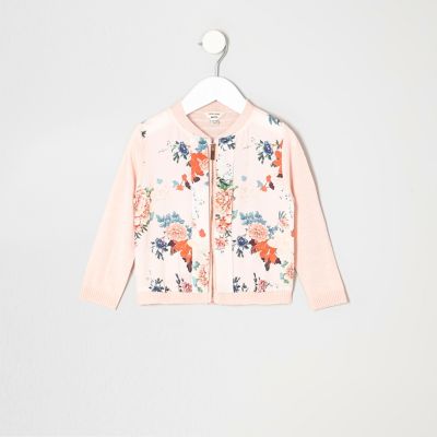 Mini girls pink floral pink zip up cardigan